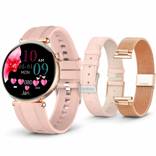 Przejdź do produktu Smartwatch damski SAYBERG TKY72 ekg rozmowy ciśnienie 3paski ZŁOTY